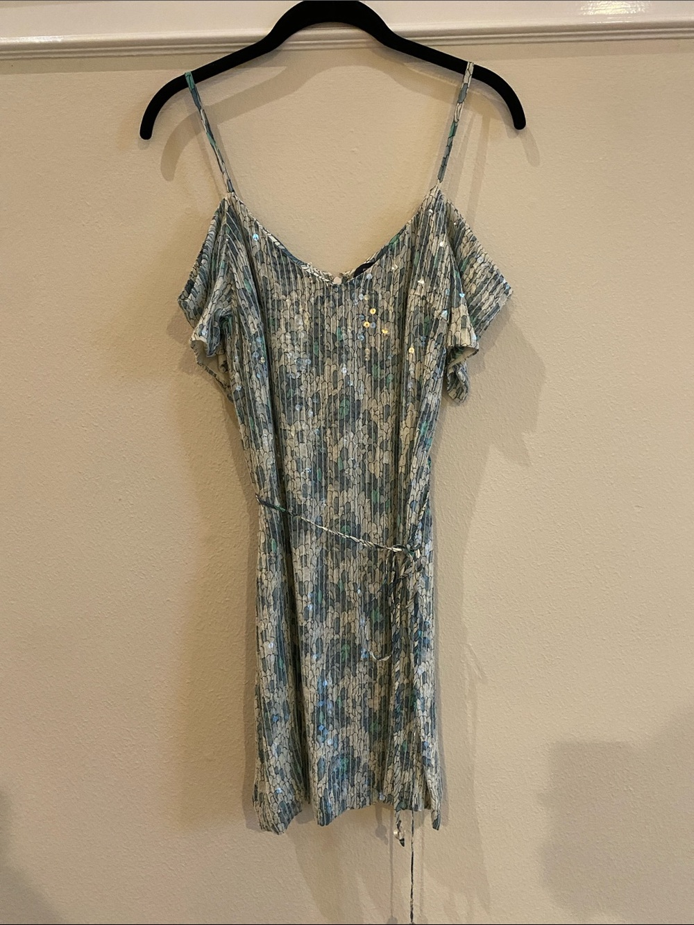 French Connection Blue Floral Mini Sequin Dress with White Accents